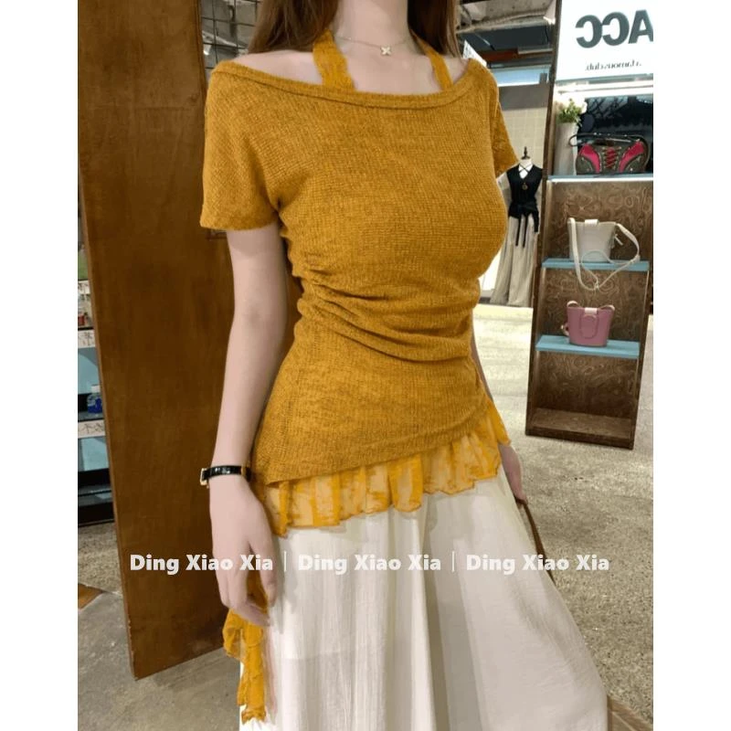 S【蕾丝密码】2025夏季新款时尚气质韩系挂脖蕾丝两件套T恤百搭上衣