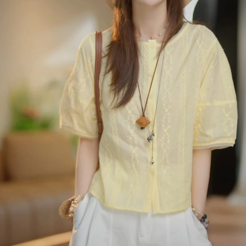 2025夏季法式时尚百搭设计感圆领短袖衬衫上衣LK2503619
