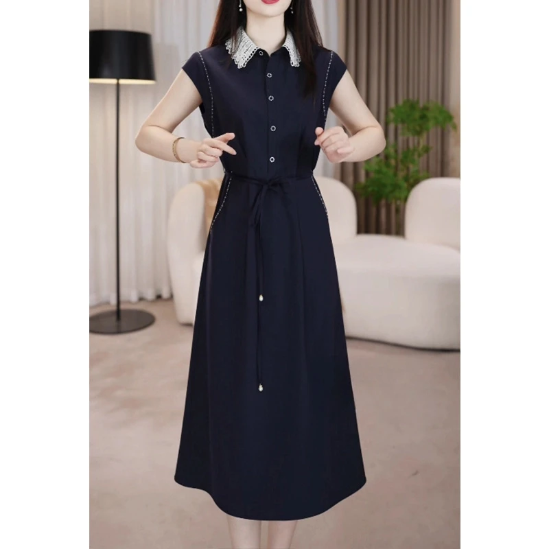 夏季新款短袖收腰显瘦高级感中长款连衣裙设计感衬衣裙子女装