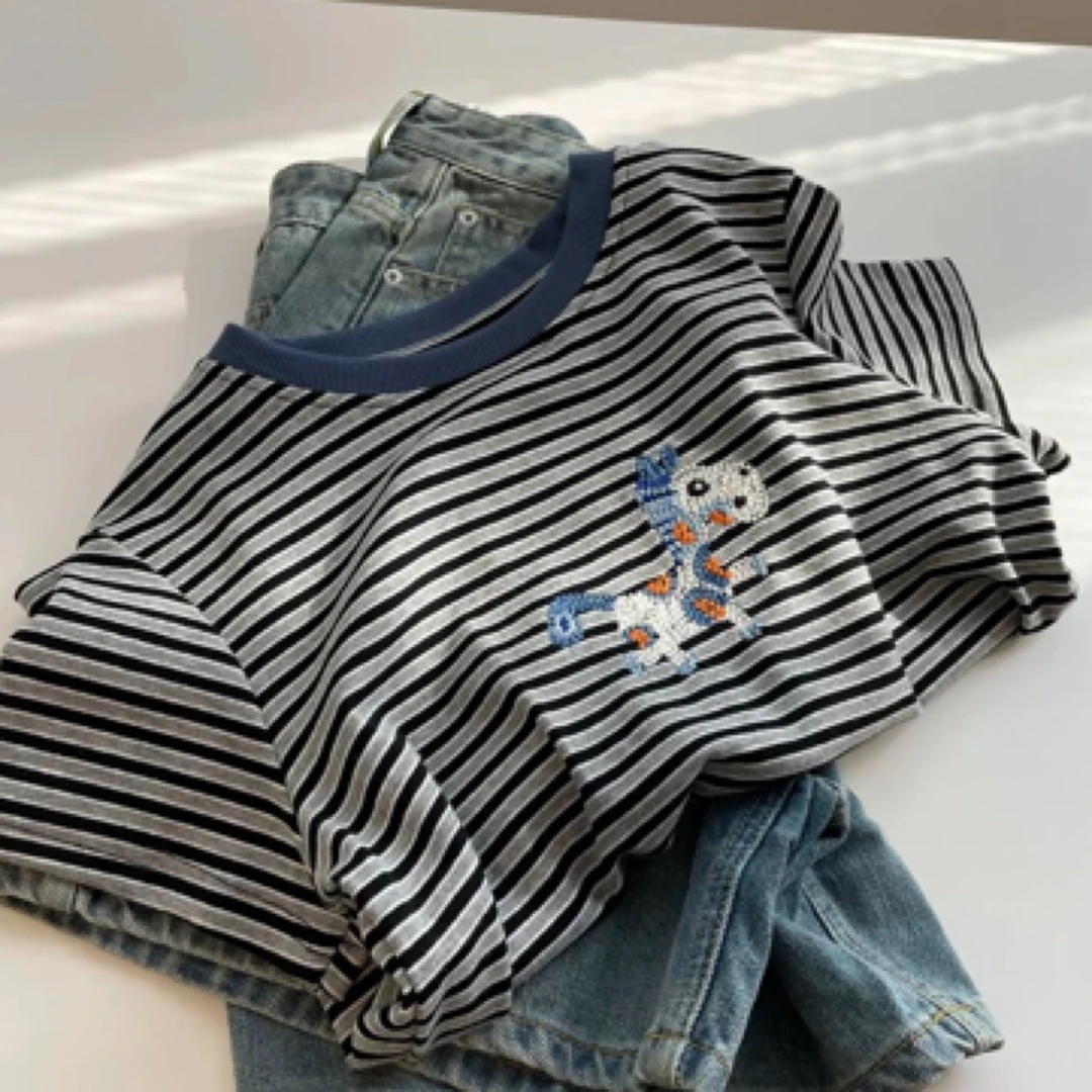 ARRLMORRE品牌【趣味马仔】原单品质正肩减龄撞色条纹棉T短袖