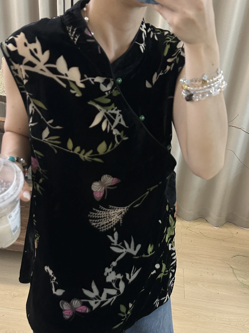 新中式国风烧花丝绒老钱风女上衣 新款复古微透小衫