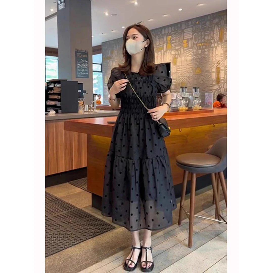 2025夏季大码女装胖mm遮肚显瘦连衣裙微胖妹妹高级感波点显瘦长裙
