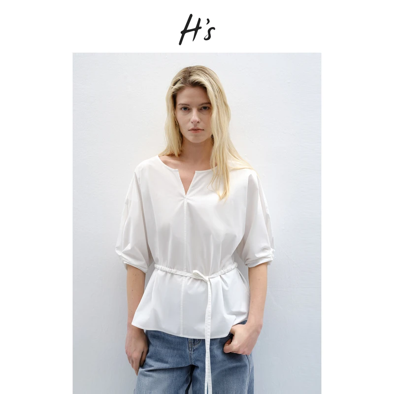HS衬衫女25夏新款全棉泡泡袖牛筋腰系带V领衬衣套头衫