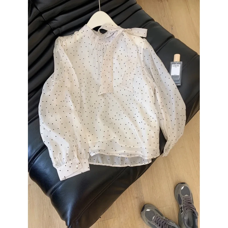 韩系波点长袖衬衣女2025春夏新款飘带系带设计感宽松显瘦雪纺上衣