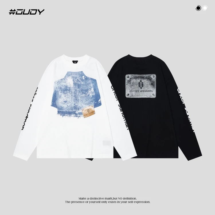 #OVDY国潮美式复古重磅撞色拼接长袖T恤华夫格小圆领长袖