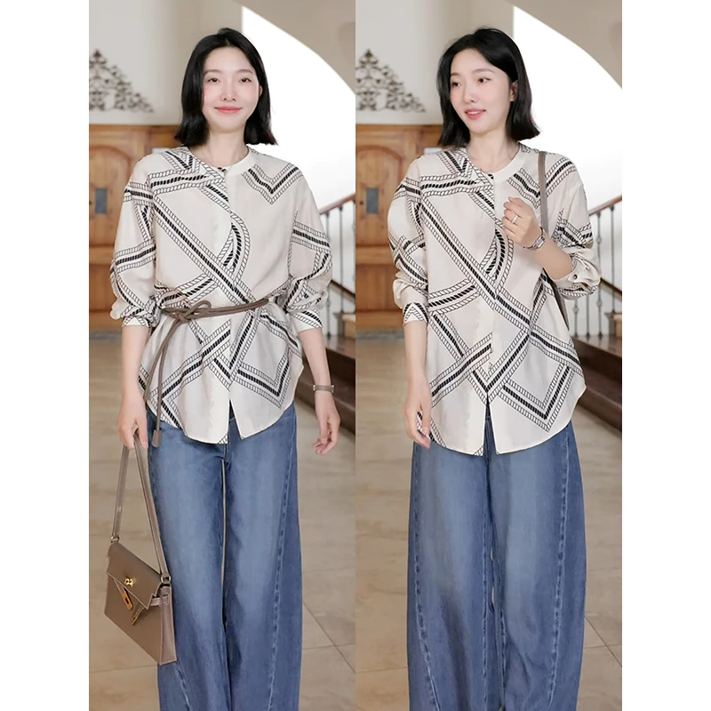 郭九九呢 亚麻慵懒老钱感气质宽松显瘦衬衫阔腿牛仔裤 G925C03994