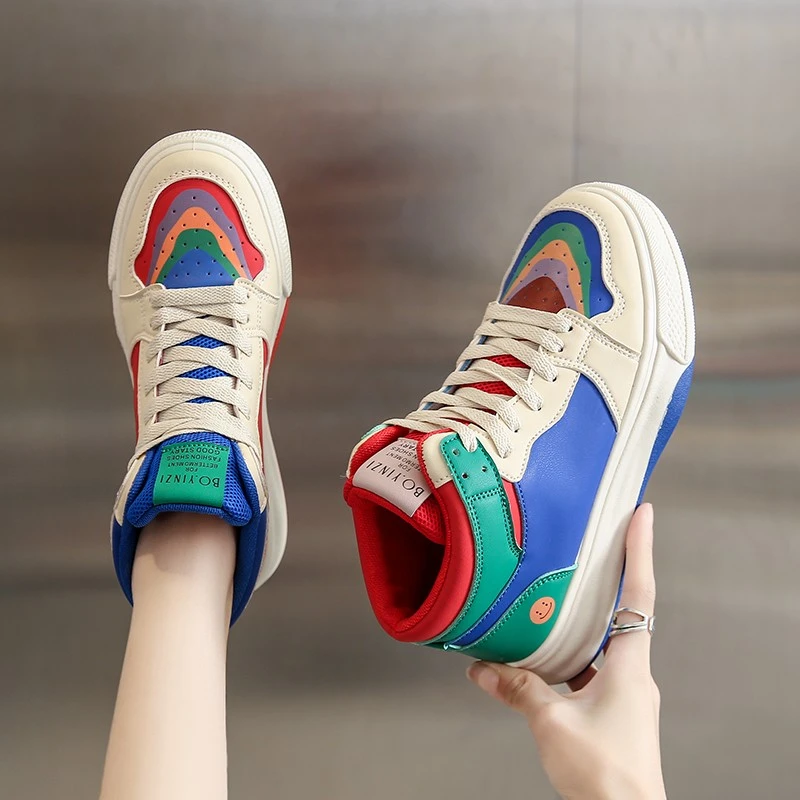 高帮鸳鸯鞋女夏季厚底增高百搭网红潮红蓝彩虹板鞋彩色溶解小白鞋