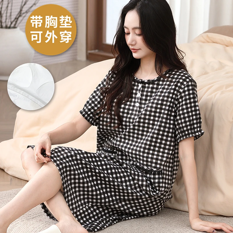 自带胸垫女睡裙2025新款夏季云朵棉爆款格子可外穿休闲大码家居服