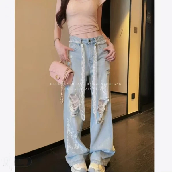 2025新款高腰破洞大码懒懒裤直筒阔腿设计感女裤