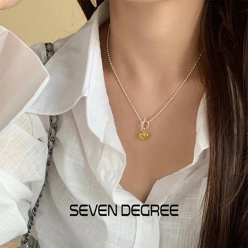 七度 坠链均925银 项链女小众金银撞色爱心吊坠锁骨链OT扣送女友