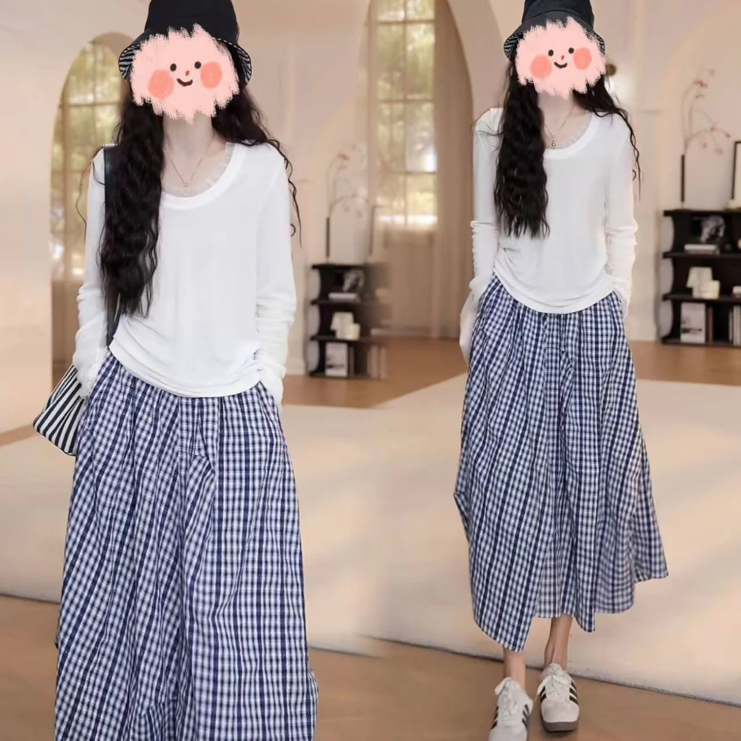 洋气休闲装2025春季蕾丝花边长袖T恤上衣百搭格子半身裙气质套装