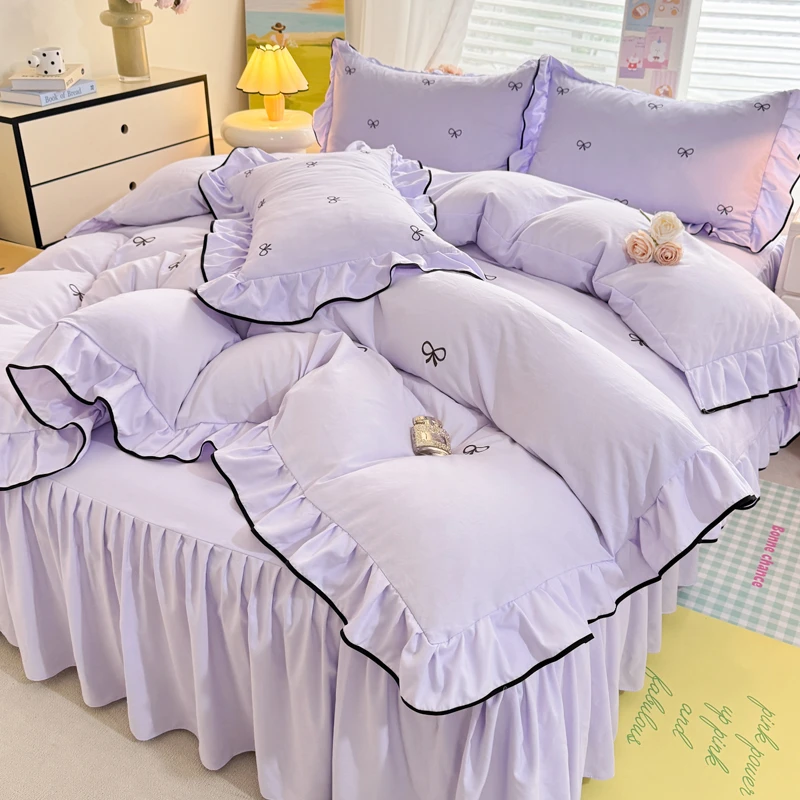 春夏韩版超柔水洗棉蝴蝶结刺绣小香风公主风床裙款四件套