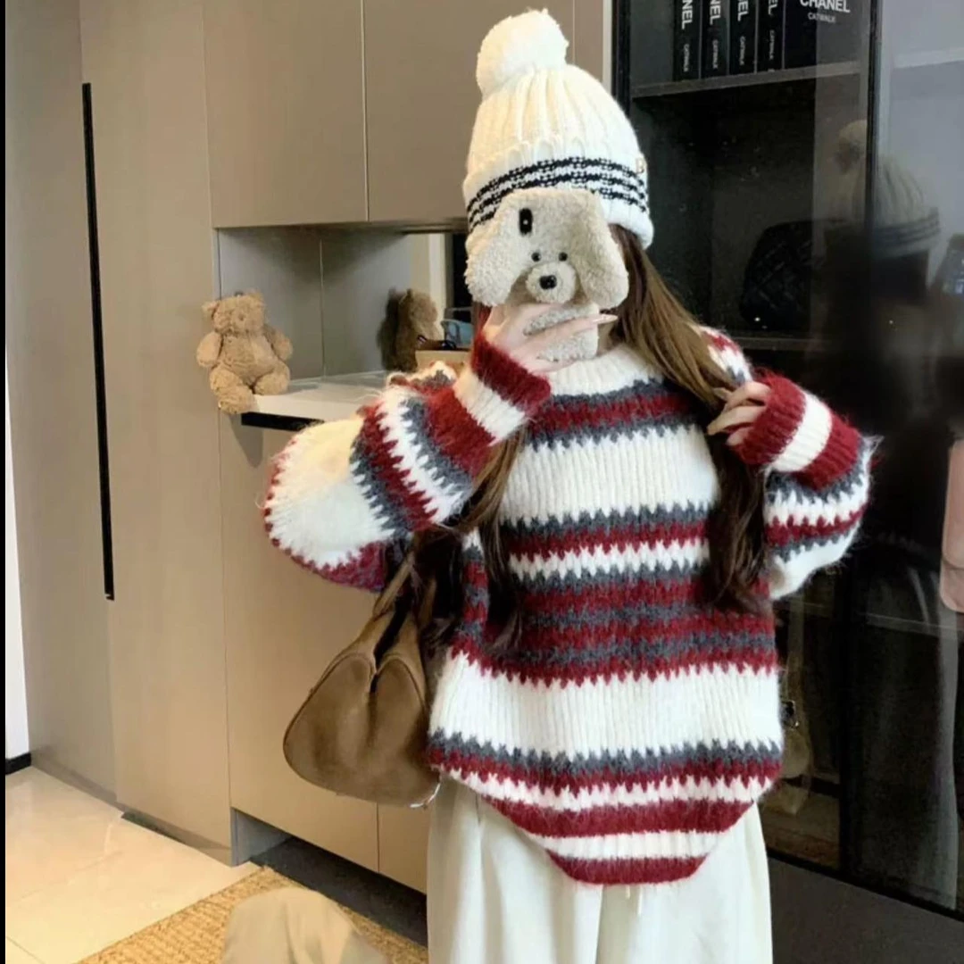 女秋冬2025新款宽松复古慵懒风日系圆领套头洋气针织衫毛衣加厚