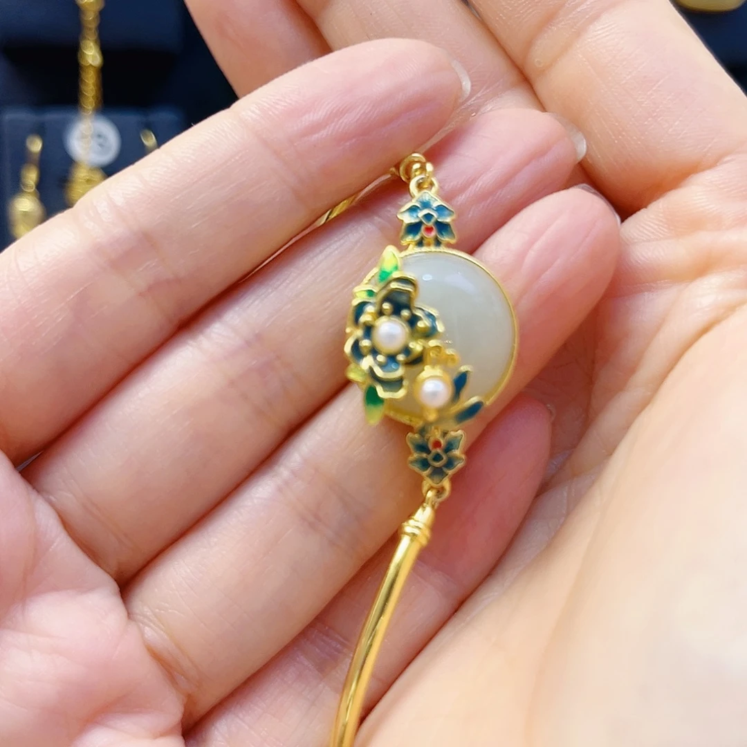 和田玉银S925镀金镶嵌手链