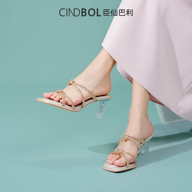 宴会露趾法式水钻高跟凉鞋仙女风夏季防滑一字拖1837