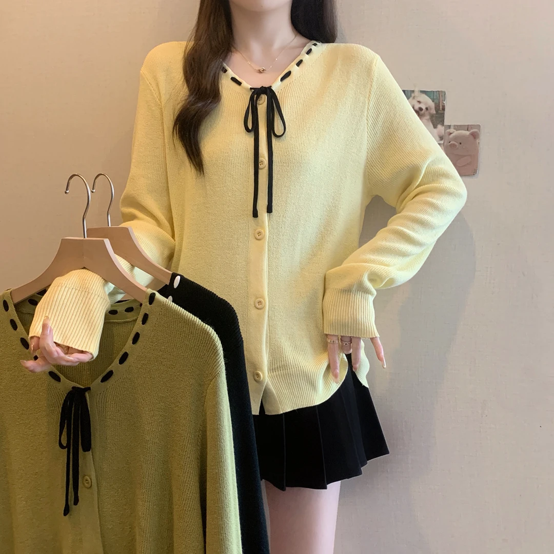大码美美哒2025春季氛围感撞色蝴蝶结针织衫法式温柔风上衣69311