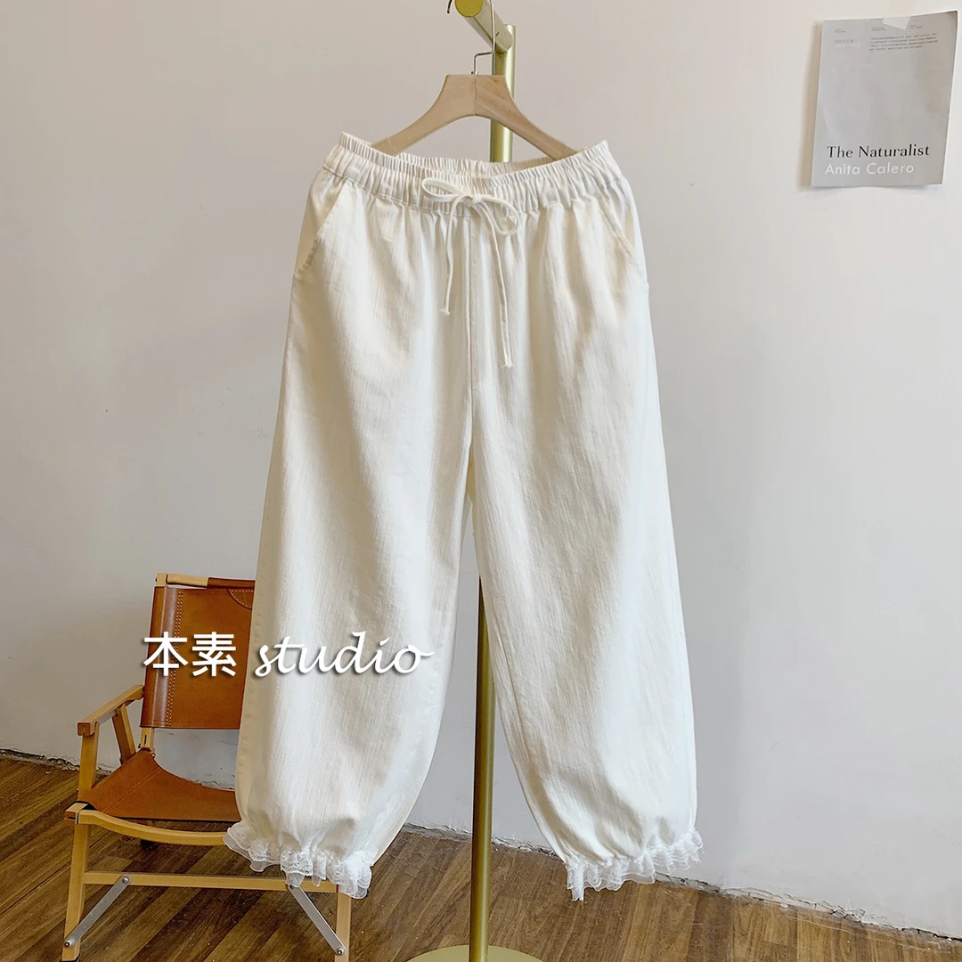 蕾丝花苞裤C3337蕾丝边松紧腰系带宽松休闲裤
