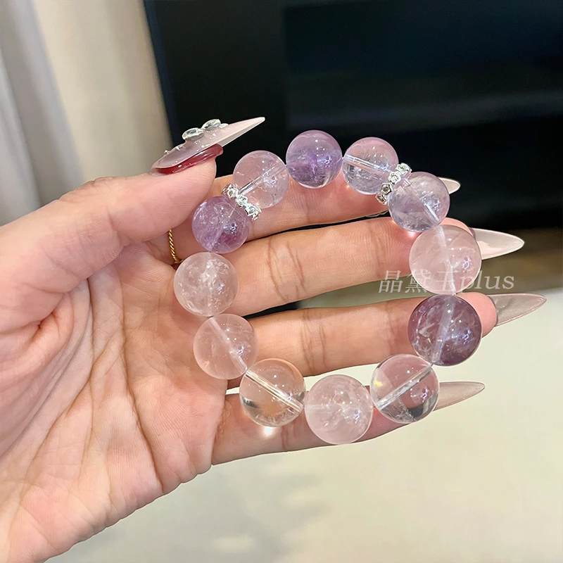 【碎冰冰】14m紫水晶+16m莫粉+16m白水晶手串原创设计天然水晶Y71