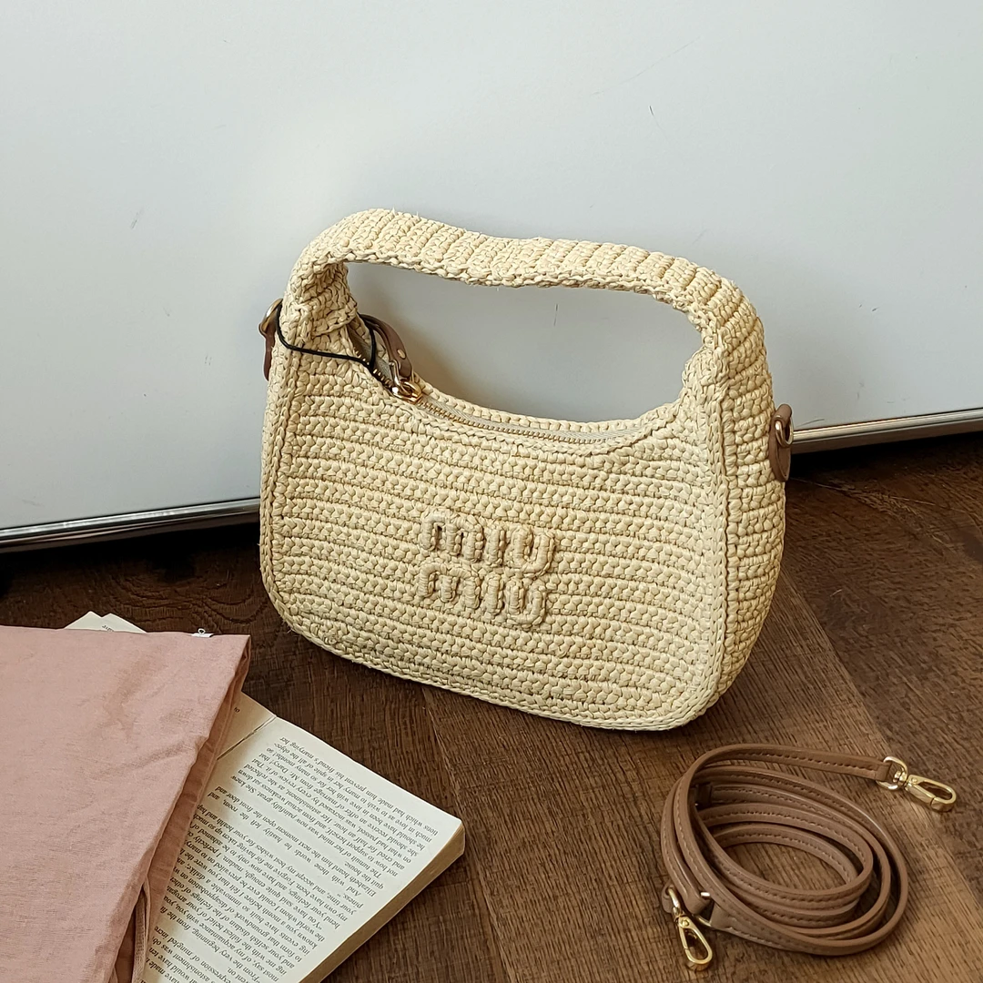 95新 MIU MIU/缪缪 Azul-拉菲草编织拼皮Wander小号斜挎包/47494