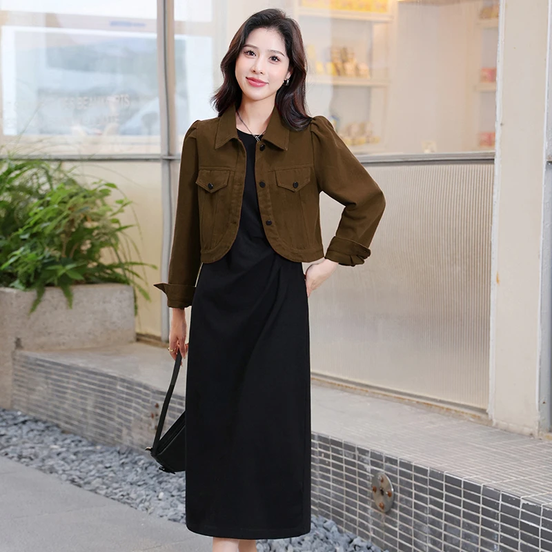 拉夏贝尔时尚套装裙女2025秋季新款时髦洋气牛仔外套后妈裙两件套