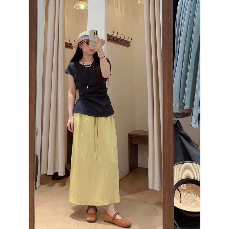 2025春夏新款韩系露背绑带百搭显瘦无袖衬衫黄色后开叉半身裙套装