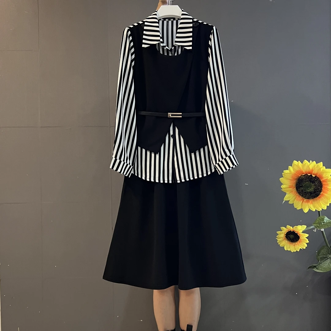 新款假两件马甲衬衫开叉拼接半身裙气质显瘦两件套