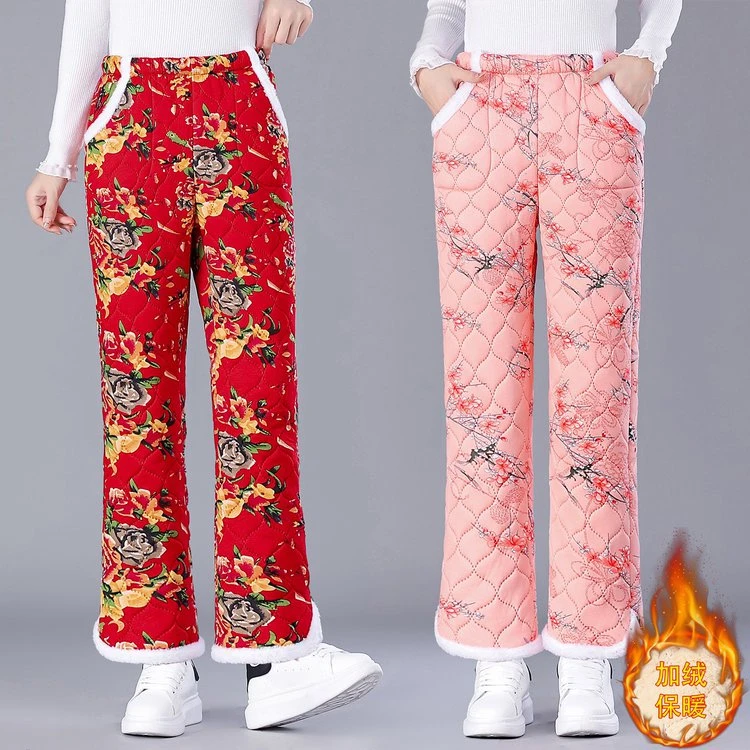 俞兆林中老年妈妈装高腰显瘦直筒裤子东北大花棉裤女冬季加绒加