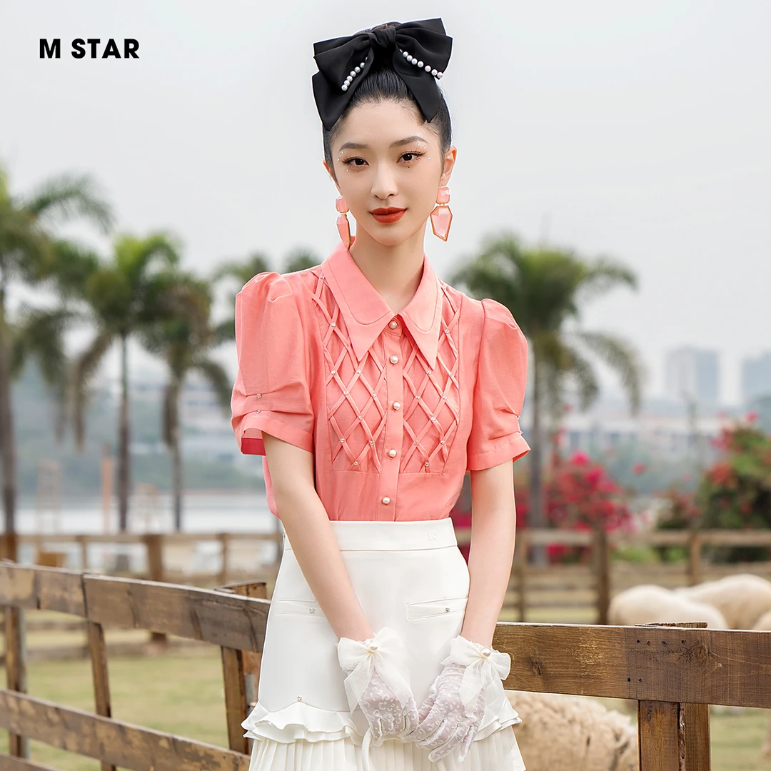 M-Star法式翻领泡泡袖减龄短袖莱赛尔衬衫女上衣气质 SEBS131501