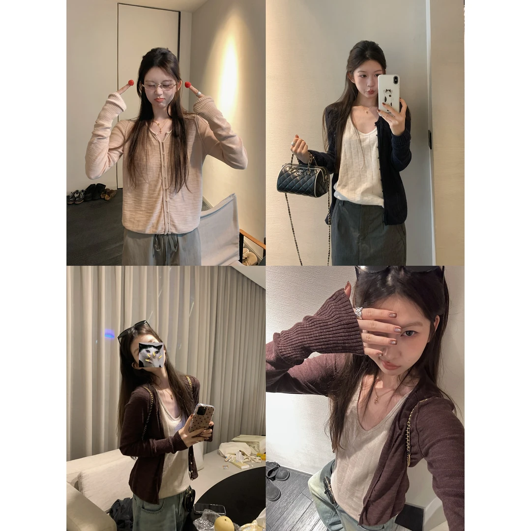 CHIC 挚爱私服 早秋卷边纯色长袖针织开衫小众宽松外套女百搭时尚