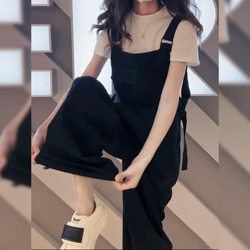 黑色背带裤套装女款2025新款春秋季小个子正肩棉短袖t恤两件套潮