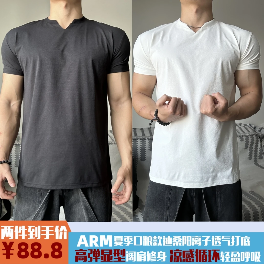 GYMARM夏季口粮款DS阳离子透气打底高弹运动休闲健身圆领V领短T