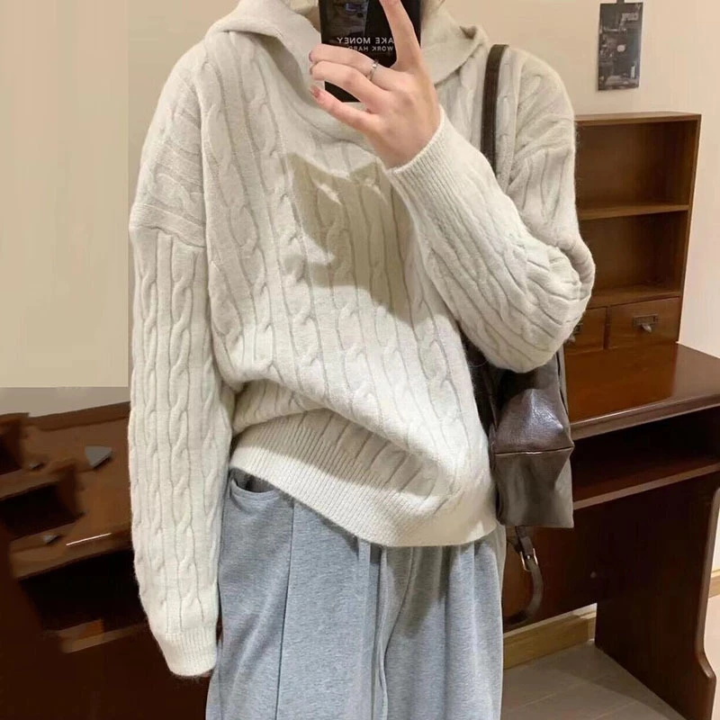 麻花连帽套头毛衣女25秋冬新款复古慵懒风宽松软糯针织衫上衣外套