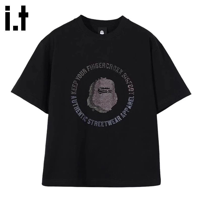 it FINGERCROXX潮牌短袖t恤男2025夏季烫钻半袖黑色重磅宽松体恤