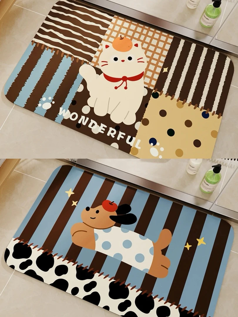 （两条装）猫狗卡通浴室地垫硅藻泥吸水速干卫生间厕所门口防滑地毯