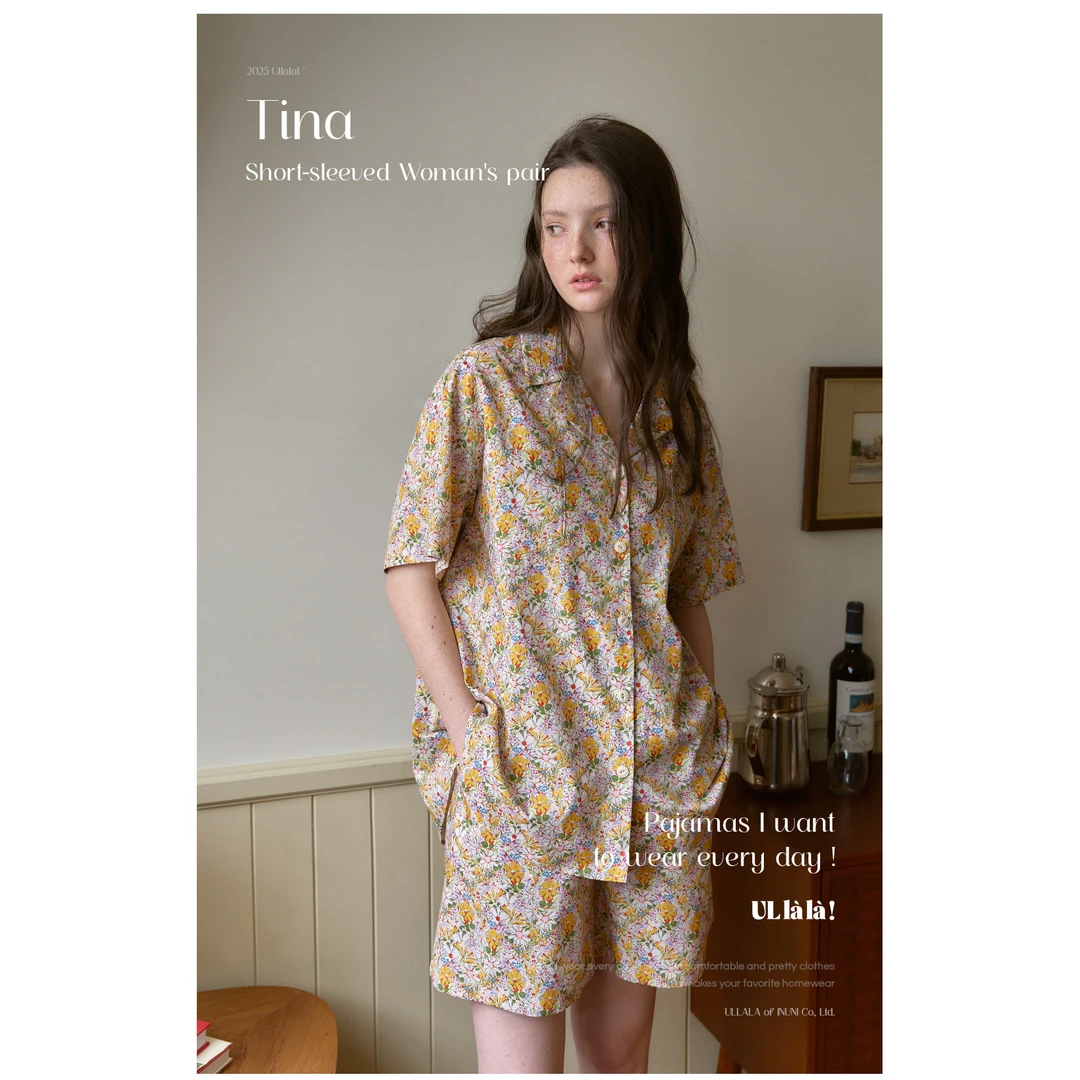 【野子家】韩国UL家/2025夏季短袖衬衫领碎花甜美家居服套装25184