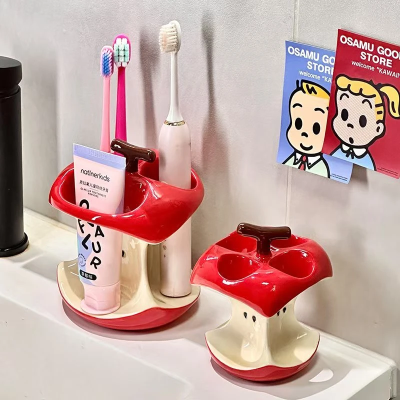 陶瓷苹果牙膏置物卫生间免打孔放电动牙刷的架子收纳置物座高级感