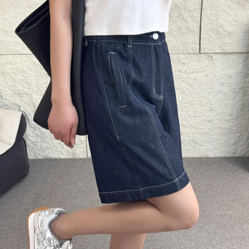 百慕大亚麻牛仔短裤女夏外穿五分裤薄款高腰百搭热裤四分直筒中裤