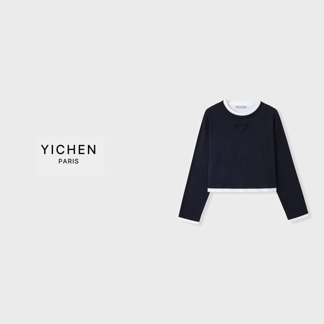 YC 午夜藏蓝色假两件徽标装饰宽松卫衣-3236