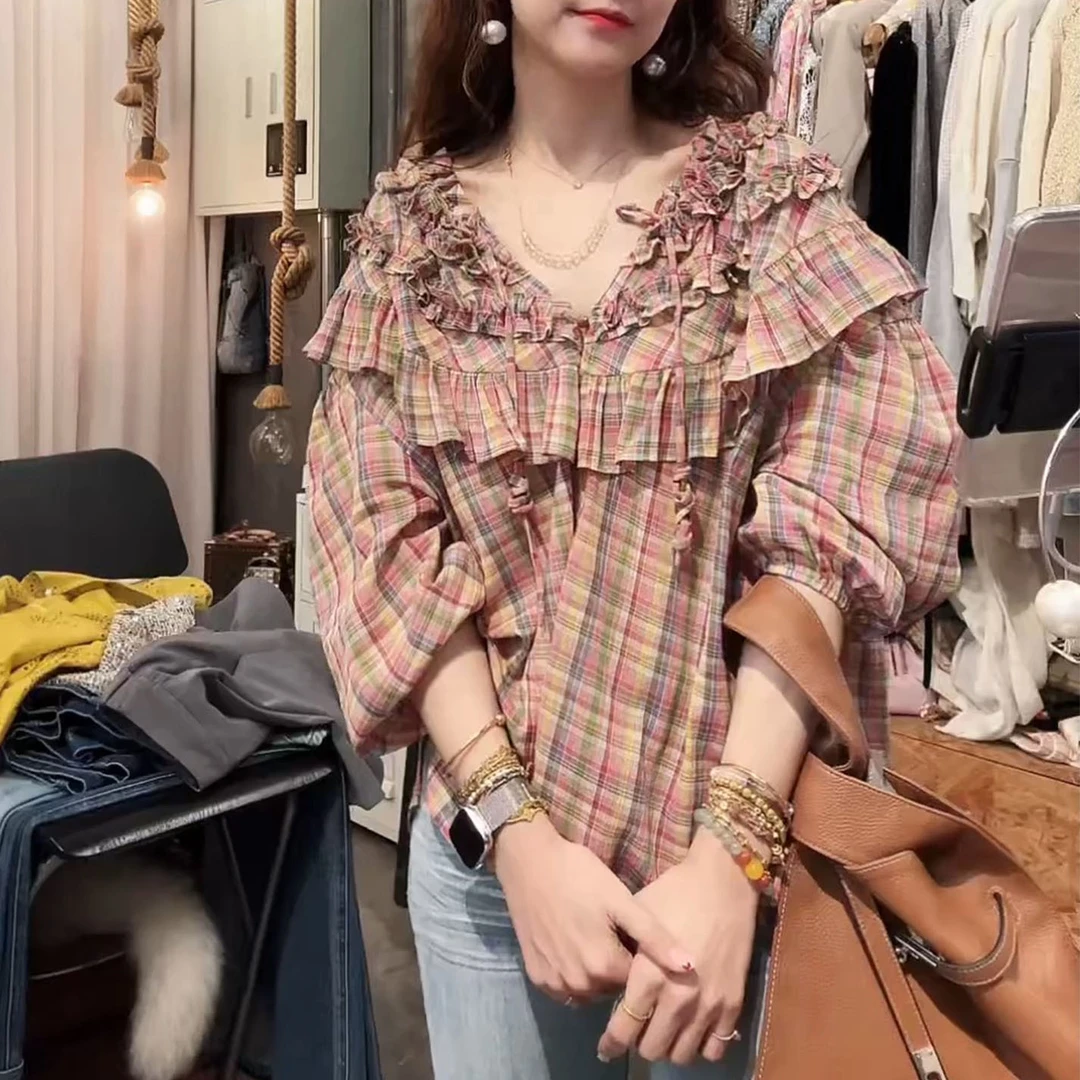 时尚法式格子衬衫女2025秋季新款宽松显瘦荷叶边拼接百搭休闲上衣