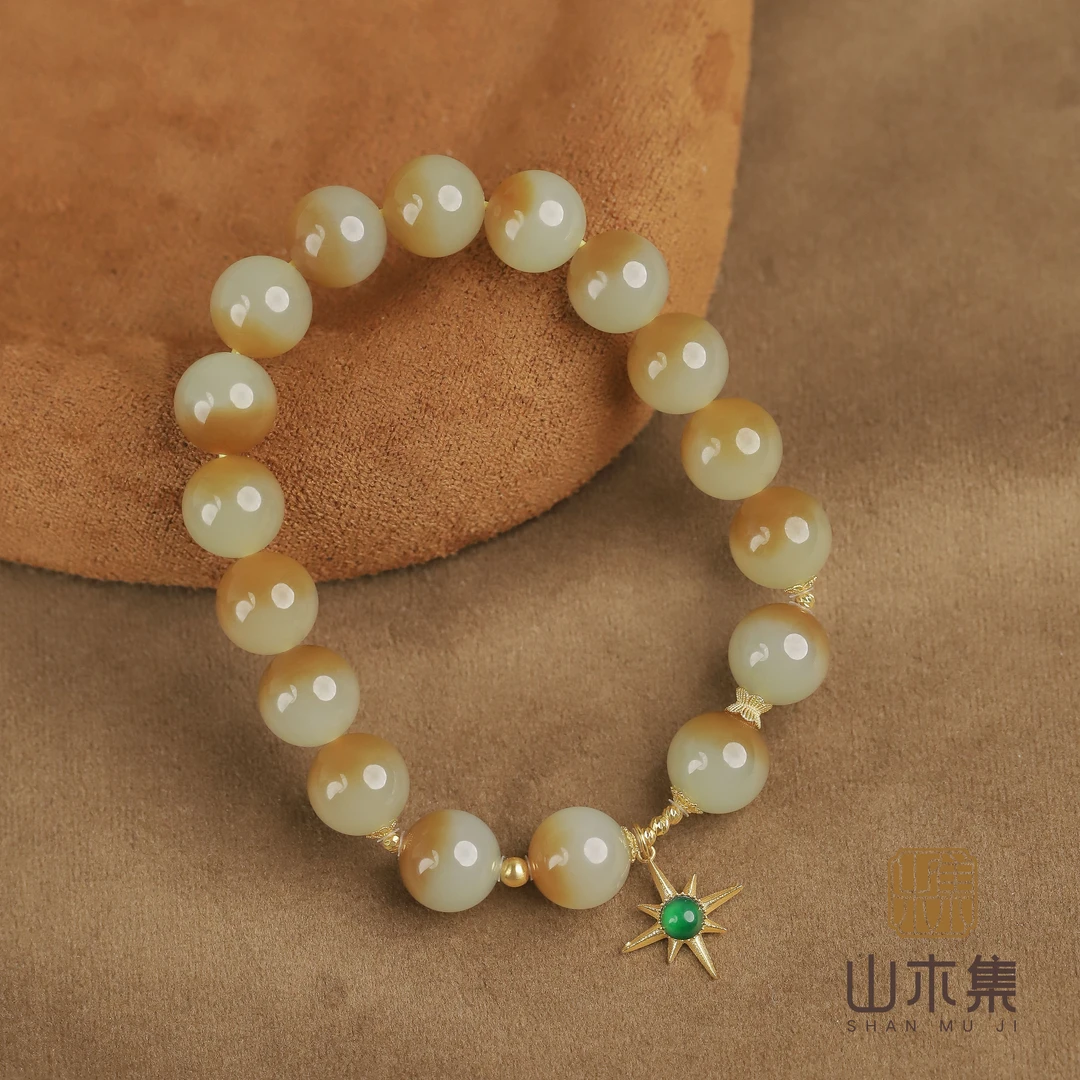 【星宝】（18K金）糖白和田玉1.0聚宝盆单圈手串%【山木集】（多样性）