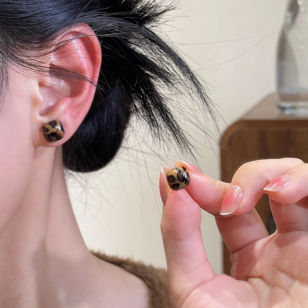 美拉德豹纹方形耳钉气质时尚百搭复古精致简约-878