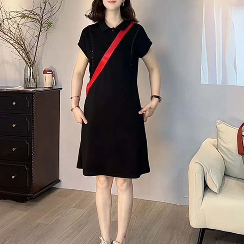 时尚洋气娃娃领短袖连衣裙女夏季新款纯色洋气百搭休闲设计感裙子