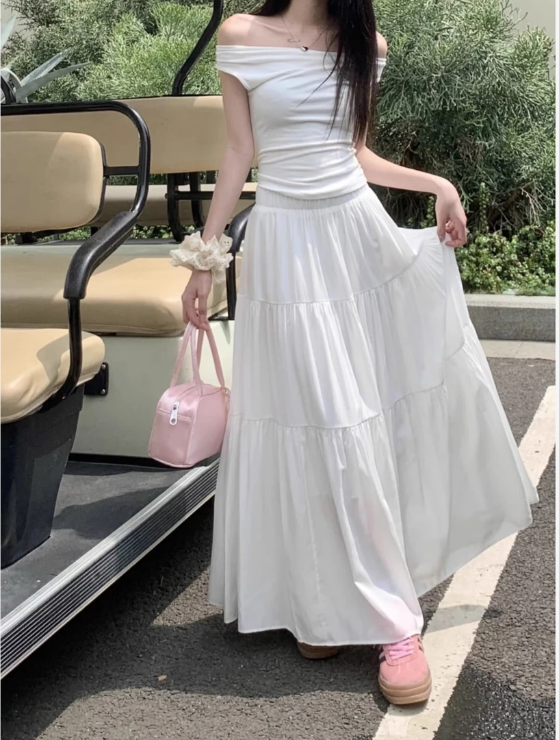 【优质面料】白色半身裙女小个子梨形高腰显瘦a字蛋糕长裙子百搭