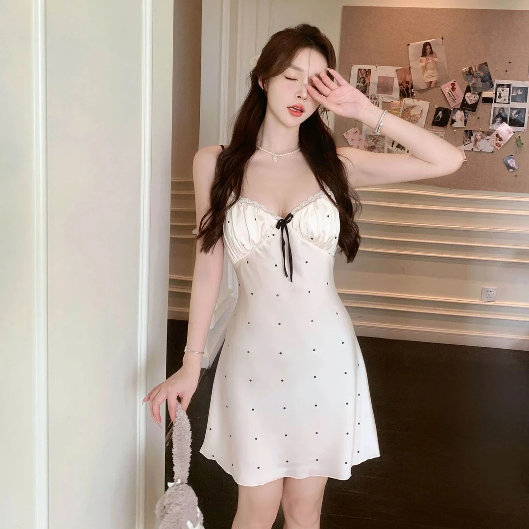 【波点小姐】圆点性感睡衣女夏季薄款吊带睡裙2024新款带胸垫家居服