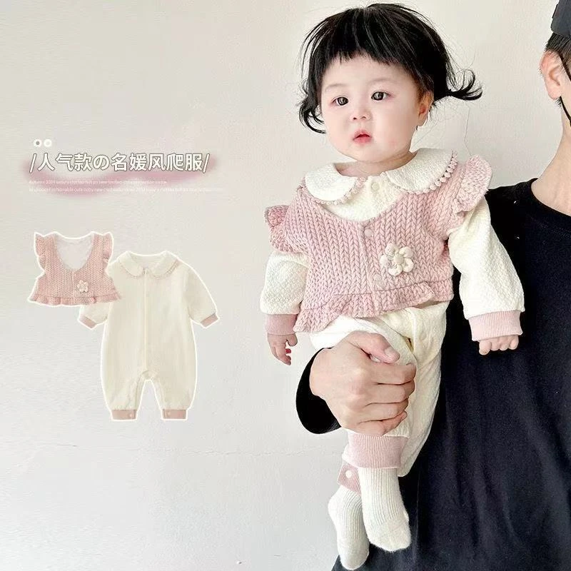 婴幼儿春秋粉色马甲两件套连体衣春季婴儿女宝公主服