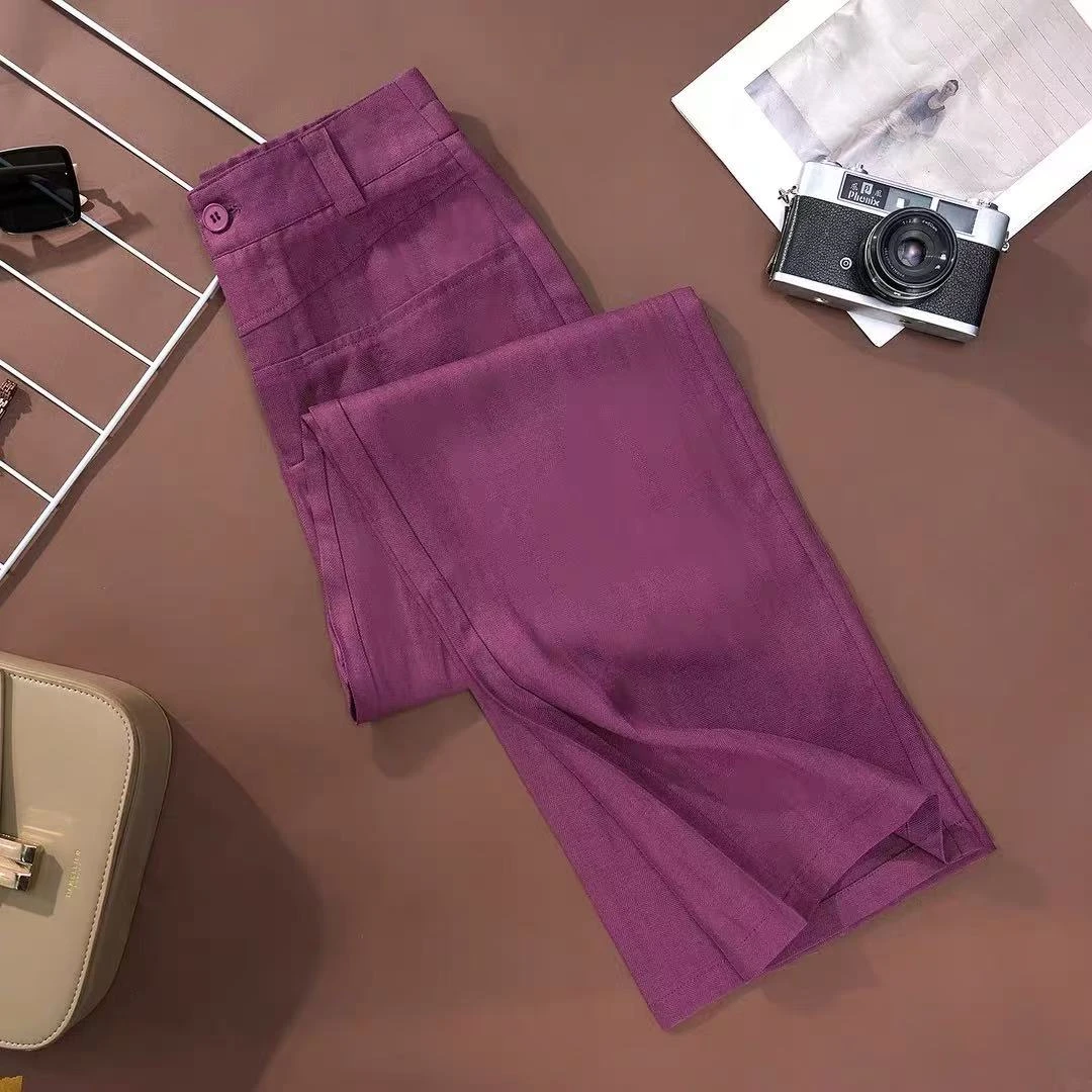【专柜高货】人字纹天丝亚麻乌梅紫休闲松紧高腰显瘦夏季直筒阔腿裤