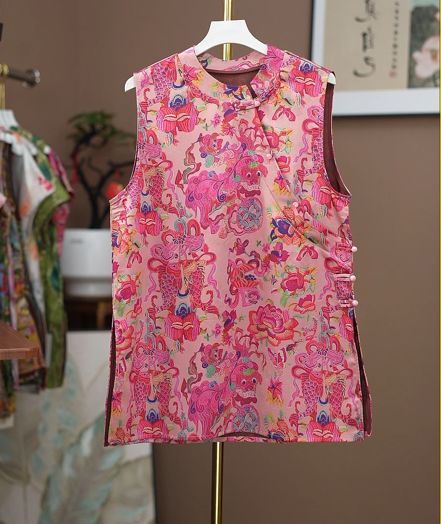 马夹民族风中长款女碎花夏季立领时尚常规宽松型中式