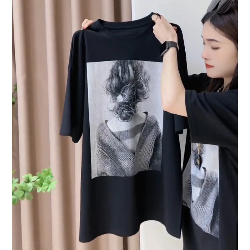 中长款短袖圆领人物印花T恤女2025年春夏新款潮宽松百搭显瘦上衣