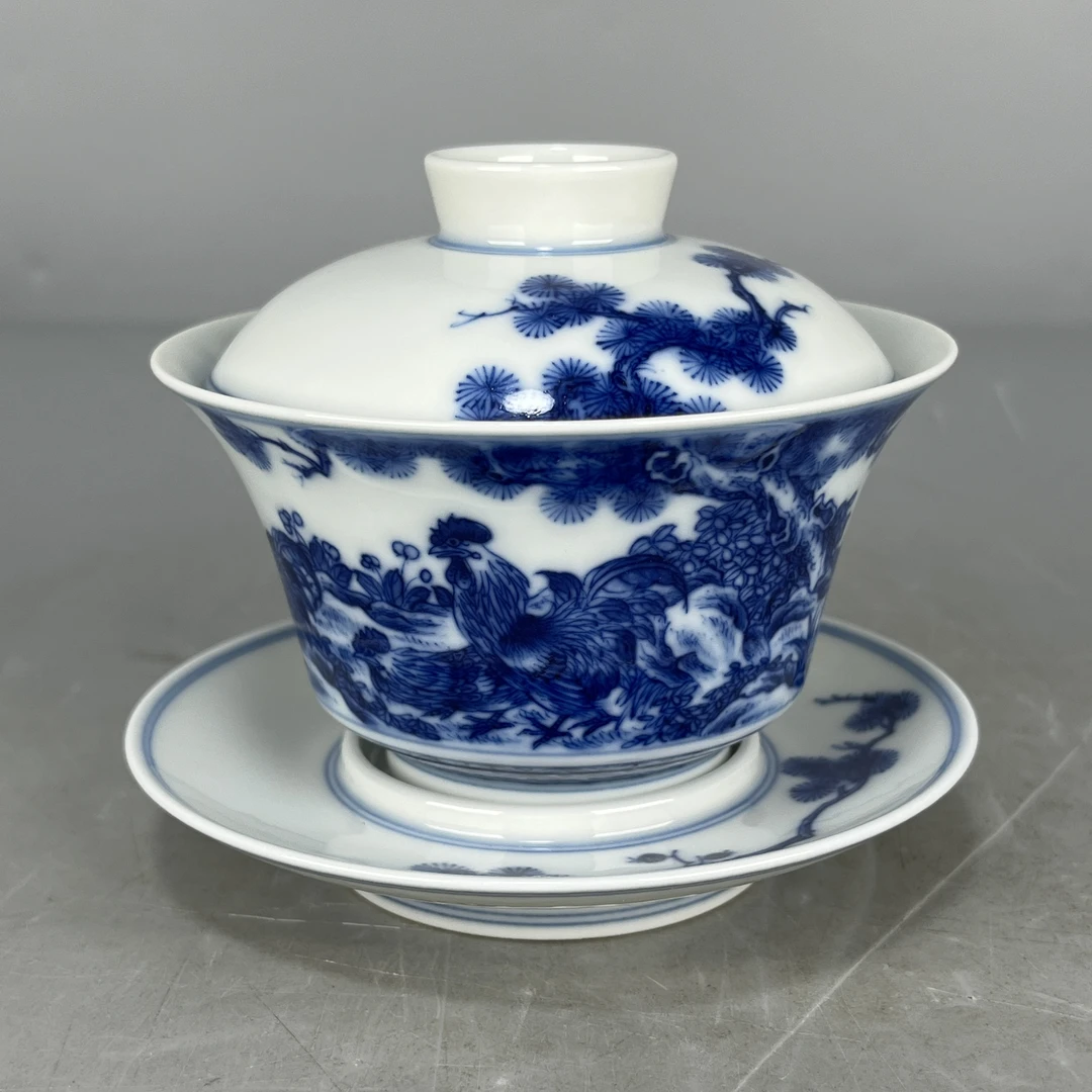 仿古瓷 仿古大清雍正年制青花松树公鸡纹盖碗