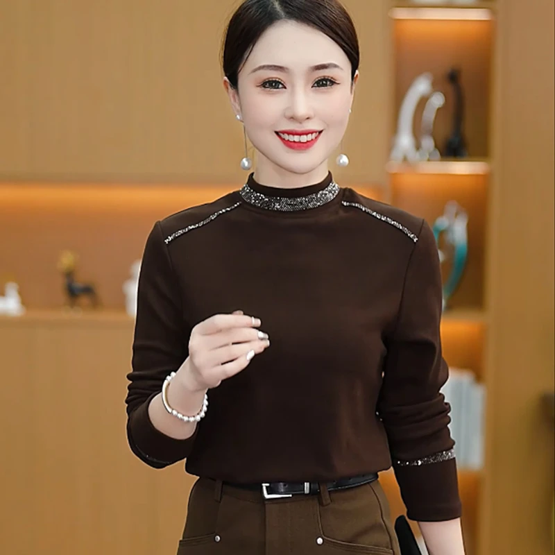 秋冬半高领长袖一体双面绒小衫女中年妈妈时尚烫钻德绒显瘦打底衫